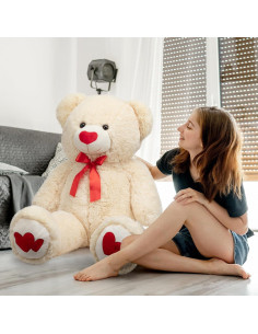 Oso de Peluche Grande HollyHOME 91 cm Beige con Corazón Rojo 2
