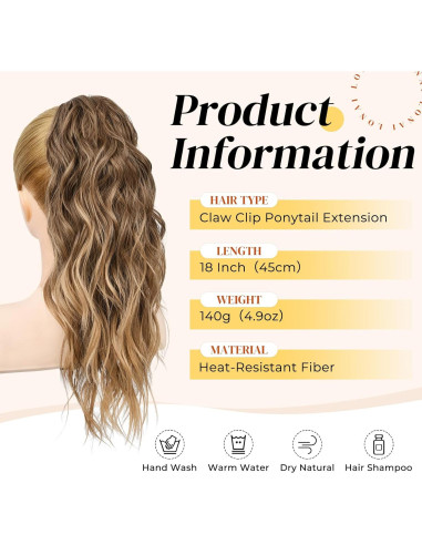 Extensión de Cola de Caballo LONAI 45.72 cm Clip Ondulada Marrón Ceniza