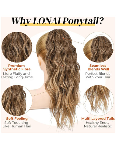 Extensión de Cola de Caballo LONAI 45.72 cm Clip Ondulada Marrón Ceniza