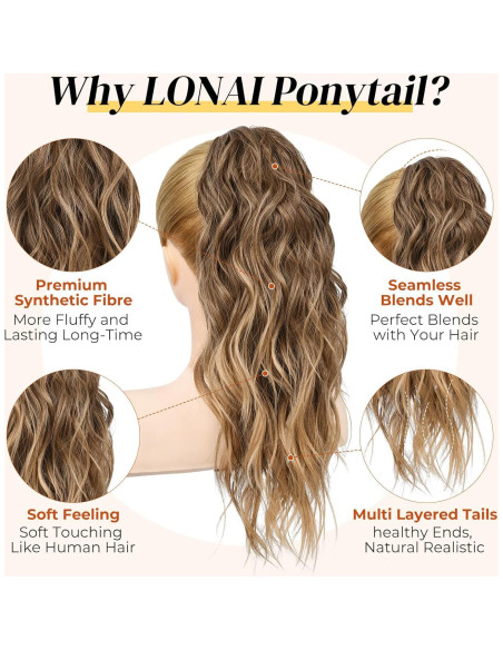 Extensión de Cola de Caballo LONAI 45.72 cm Clip Ondulada Marrón Ceniza