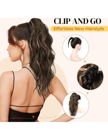 Extensión de Cola de Caballo LONAI 45.72 cm Clip Ondulada Marrón Ceniza