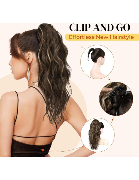 Extensión de Cola de Caballo LONAI 45.72 cm Clip Ondulada Marrón Ceniza