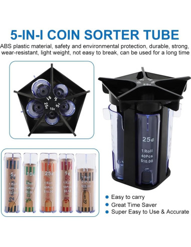 Contador de Monedas 5-en-1 QWLWBU Tubo Clasificador Negro