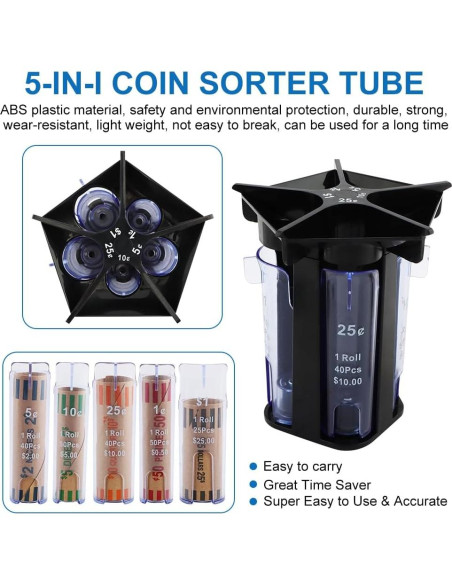 Contador de Monedas 5-en-1 QWLWBU Tubo Clasificador Negro