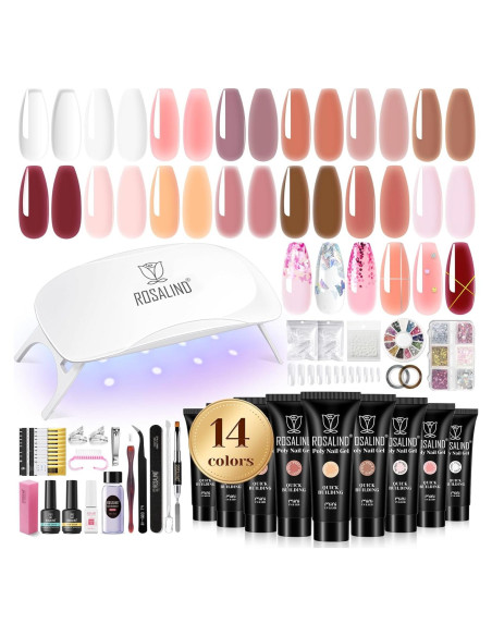Kit de Gel de Uñas Poly ROSALIND - 14 Colores + Mini Lámpara UV