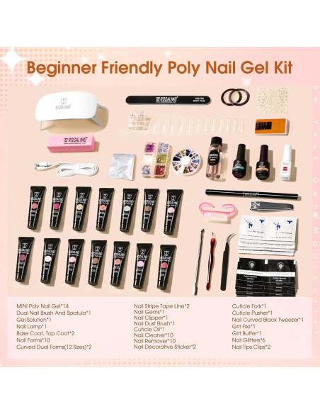 Kit de Gel de Uñas Poly ROSALIND - 14 Colores + Mini Lámpara UV