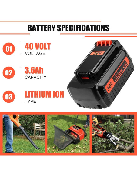Batería Litio 40V 3600mAh Reemplazo Black & Decker LBX2040