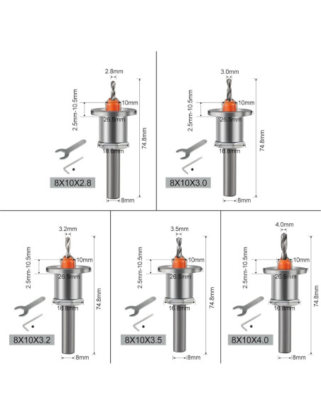 Set de 5 Brocas de Avellanado 8x10mm Trvoxviq con Tope Ajustable