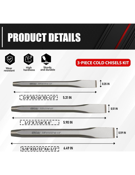 C&T Set de Cinceles Fríos 3 Piezas 9.5, 12.7, 15.9 mm