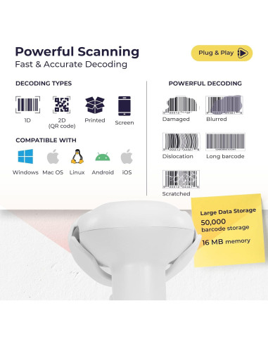 Escáner de Código de Barras Inalámbrico Volcora 2D USB Bluetooth
