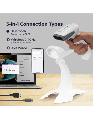 Escáner de Código de Barras Inalámbrico Volcora 2D USB Bluetooth