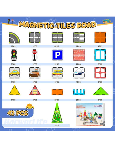 Juego de carreteras magnéticas HarworLife 42 piezas para niños