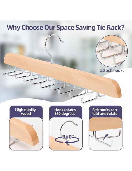 Perchero de Corbatas Kimo de Madera con 20 Ganchos Plegables
