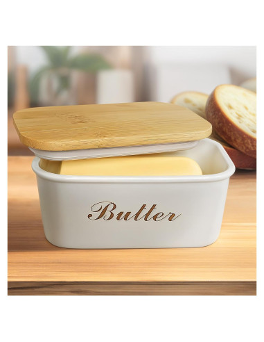 Plato de Mantequilla Plexon Off-white con Tapa de Bambú