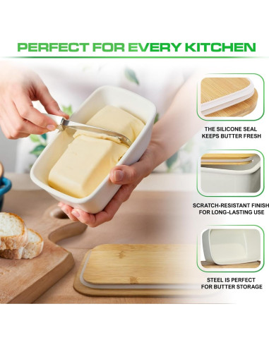 Plato de Mantequilla Plexon Off-white con Tapa de Bambú