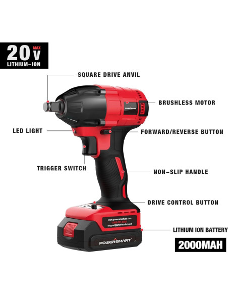 Destornillador de impacto inalámbrico PowerSmart 20V 2.0Ah 1/2"