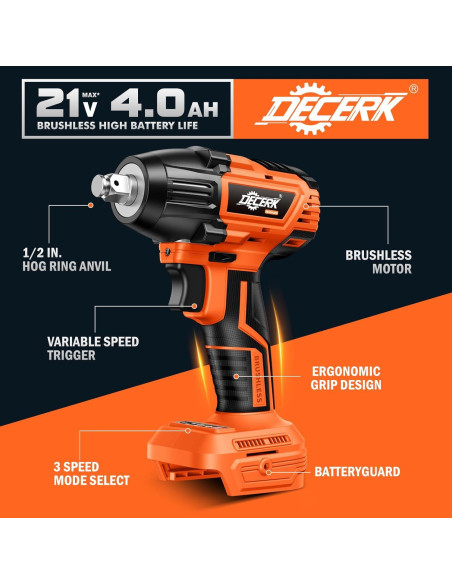 Llave de impacto inalámbrica Decerk 21V 400Nm 2350RPM con 2 baterías Llave de impacto inalámbrica Decerk 21V 400Nm 2350RPM con 2 baterías
