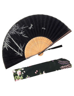 Abanico Plegable Zolee de Bambú y Seda - Bosque Negro 21x38cm