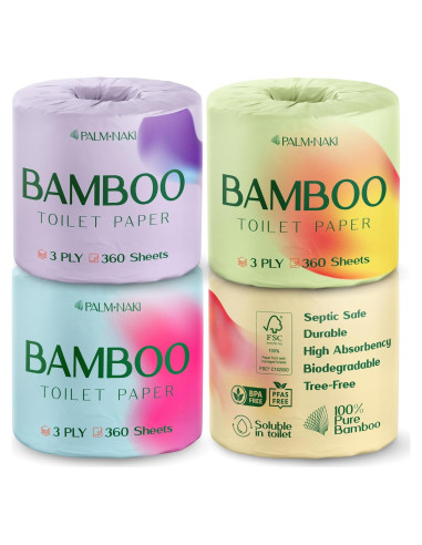 Papel Higiénico de Bambú Palm Naki 3 Capas 4 Rollos 360 Hojas