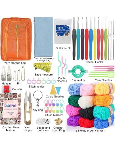Kit de Crochet XSEINO para Principiantes - 12 Rollos de Hilo Acrílico
