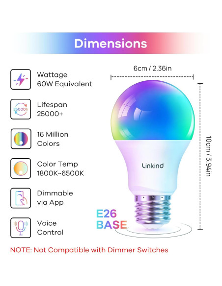 Bombilla Inteligente Linkind A19 WiFi 9W RGBTW Control APP Bombilla Inteligente Linkind A19 WiFi 9W RGBTW Control APP