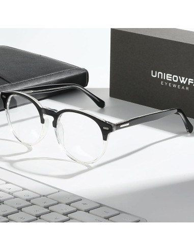 Marco de Gafas Redondas Retro Acetato UNIEOWFA Negro Transparente