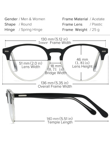 Marco de Gafas Redondas Retro Acetato UNIEOWFA Negro Transparente