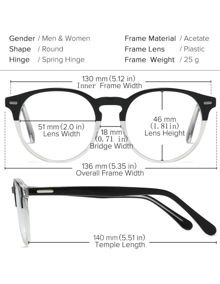 Marco de Gafas Redondas Retro Acetato UNIEOWFA Negro Transparente