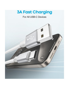 Cable USB A a USB C Corto 1ft Huukein - Paquete de 2, Blanco 2