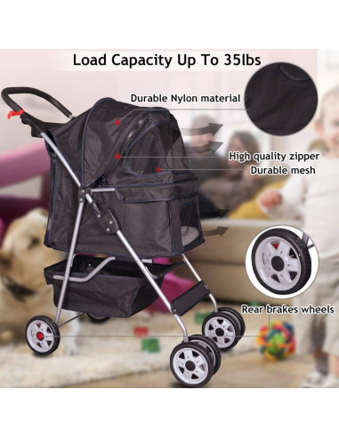 Carrito Plegable para Mascotas Dkeli 4 Ruedas Negro 15.88 kg
