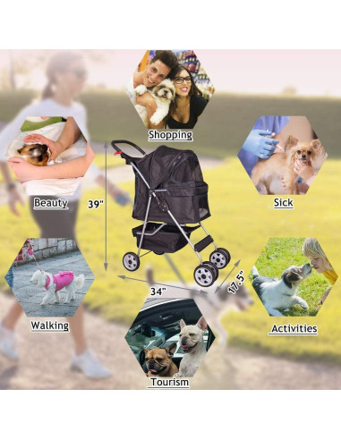 Carrito Plegable para Mascotas Dkeli 4 Ruedas Negro 15.88 kg