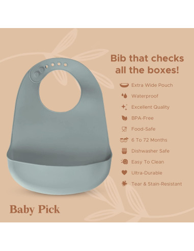 Babero de Silicona Azul Gris Libre de BPA con Capturador