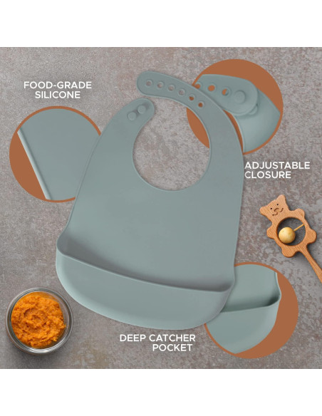 Babero de Silicona Azul Gris Libre de BPA con Capturador