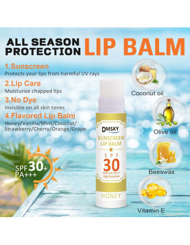 Bálsamo Labial DMSKY SPF 30 - 8 Piezas, Hidratante y Protector