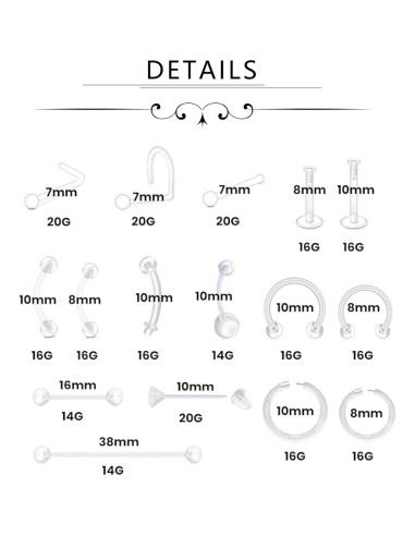 Conjunto de Piercing Transparente Fectas 38 Piezas Bioflex