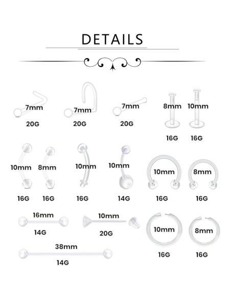 Conjunto de Piercing Transparente Fectas 38 Piezas Bioflex