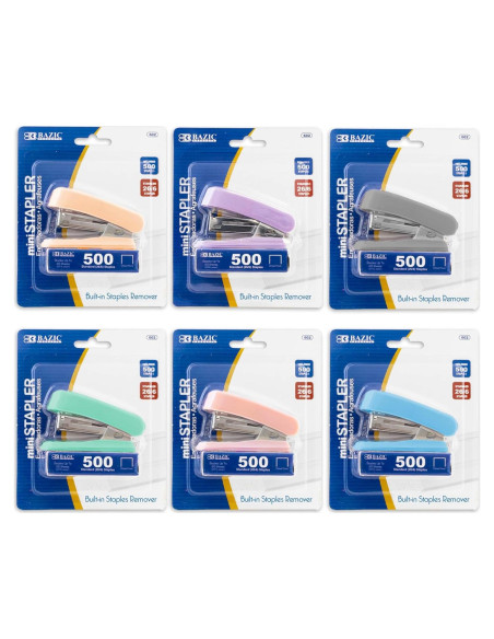 Mini Grapadora BAZIC con 500 Grapas Estándar Color Pastel