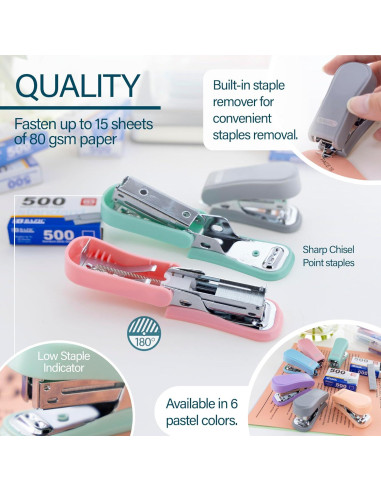 Mini Grapadora BAZIC con 500 Grapas Estándar Color Pastel