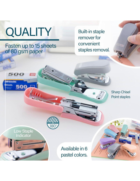 Mini Grapadora BAZIC con 500 Grapas Estándar Color Pastel