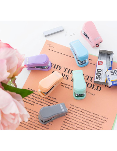 Mini Grapadora BAZIC con 500 Grapas Estándar Color Pastel