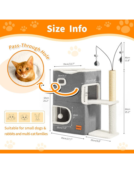 Casa para Gatos Nxwjoy con Poste de Rasguño y Juguetes - Gris