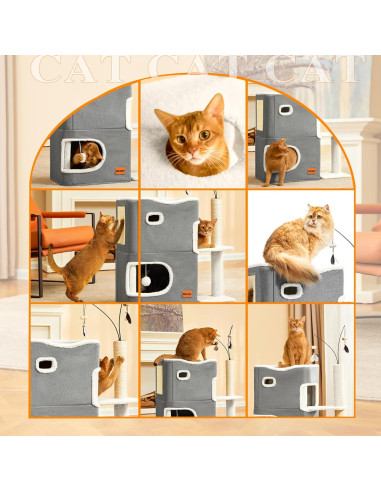 Casa para Gatos Nxwjoy con Poste de Rasguño y Juguetes - Gris