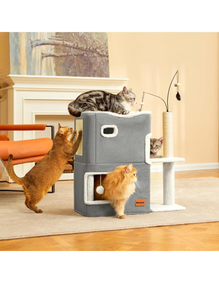 Casa para Gatos Nxwjoy con Poste de Rasguño y Juguetes - Gris
