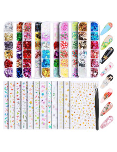 Stickers de Uñas Teenitor 12 Hojas + 5 Cajas de Lentejuelas