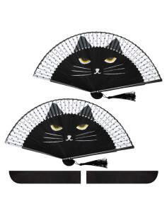 Ventiladores Plegables de Mano Blulu Gato Negro 2 Piezas