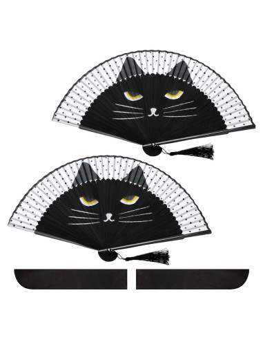 Ventiladores Plegables de Mano Blulu Gato Negro 2 Piezas