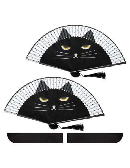 Ventiladores Plegables de Mano Blulu Gato Negro 2 Piezas