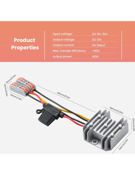 Convertidor Buck 12V 5A YBBOTT 60W DC 9-32V a 12V