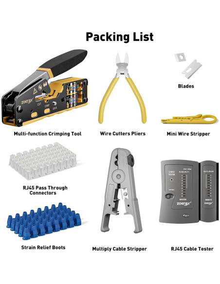 Kit de Crimpado RJ45 ZOERAX 8 en 1 con 50 Conectores Cat6