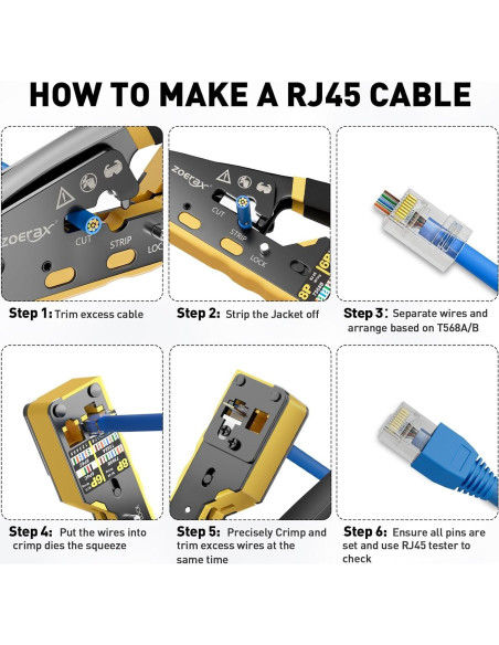 Kit de Crimpado RJ45 ZOERAX 8 en 1 con 50 Conectores Cat6